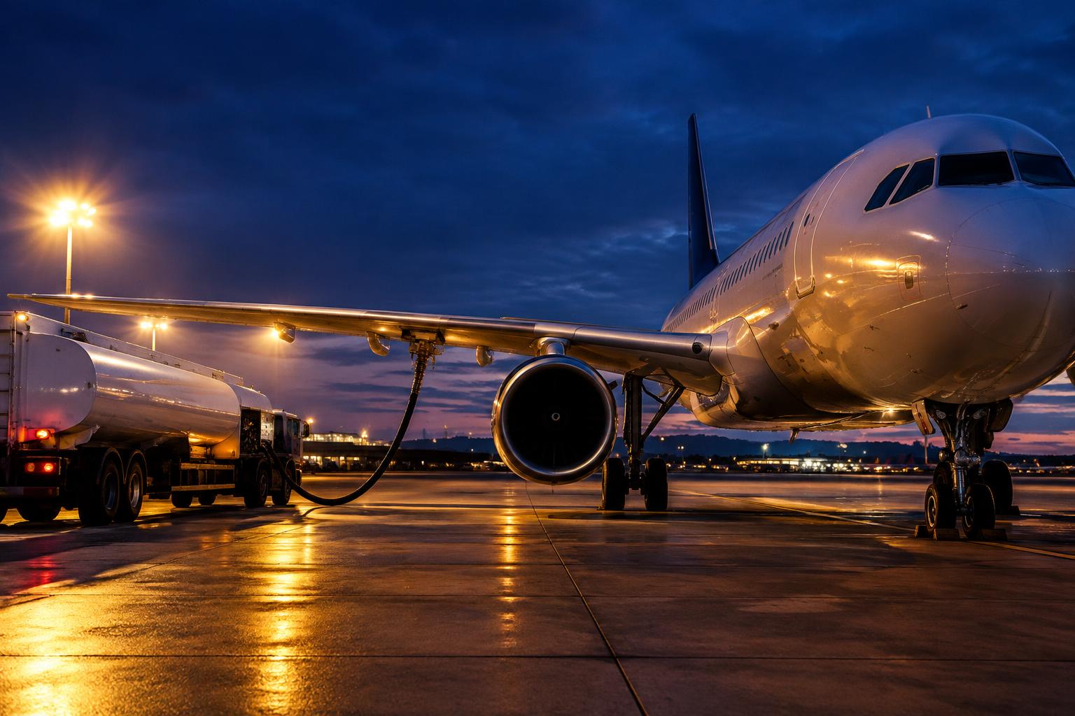 Commercial airliner being refuelled on an airport apron at dusk