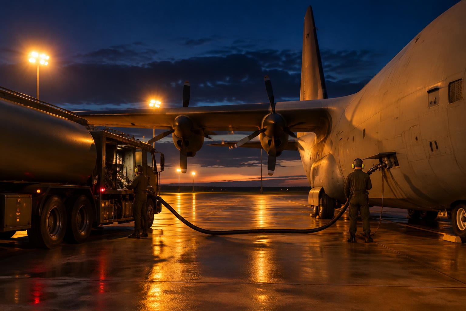 Aircraft being refuelled from a tanker truck on a flight line at dusk