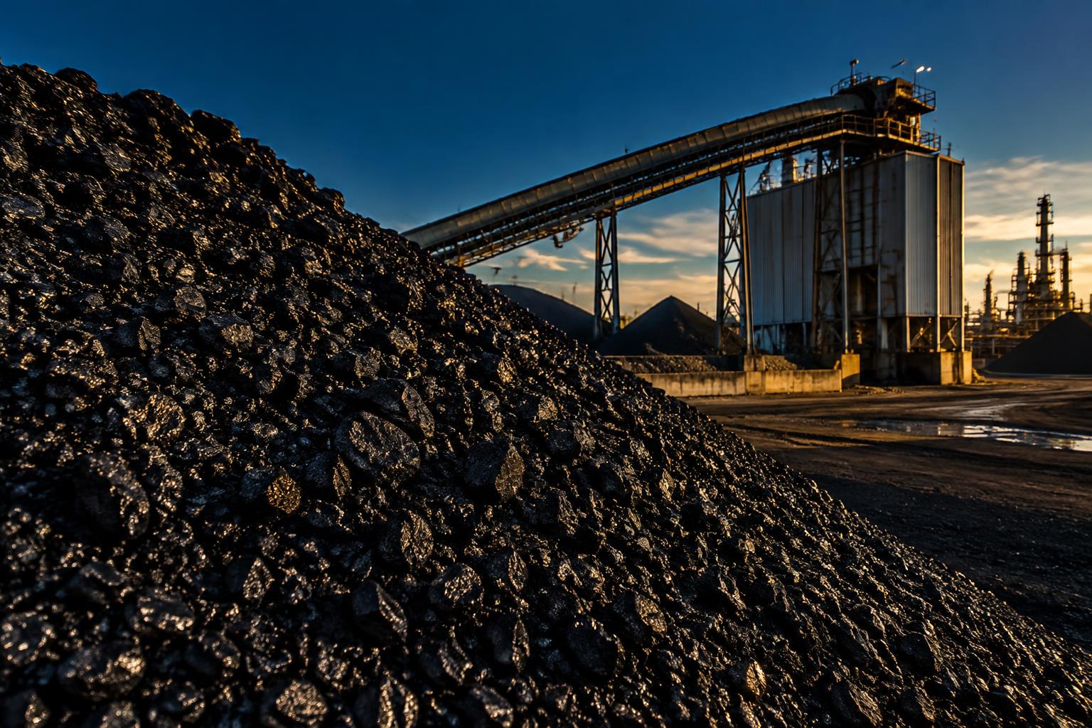 Stockpile of black granular petroleum coke at a refinery yard