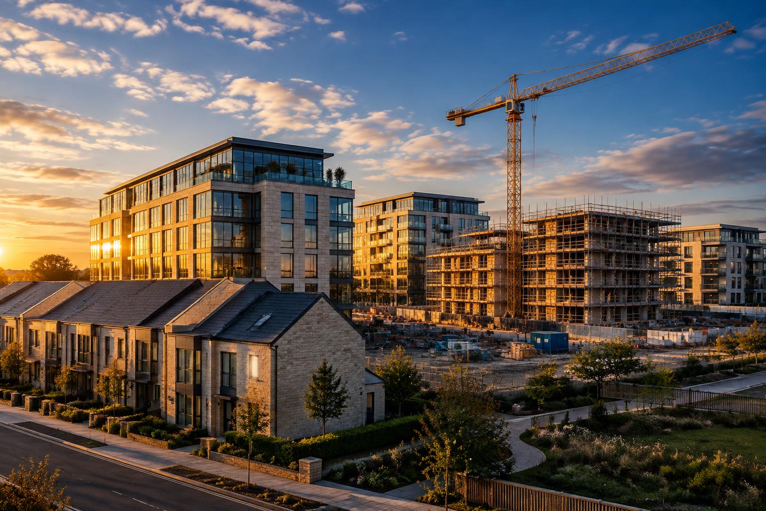 Modern office and housing buildings under construction with a tower crane at golden hour