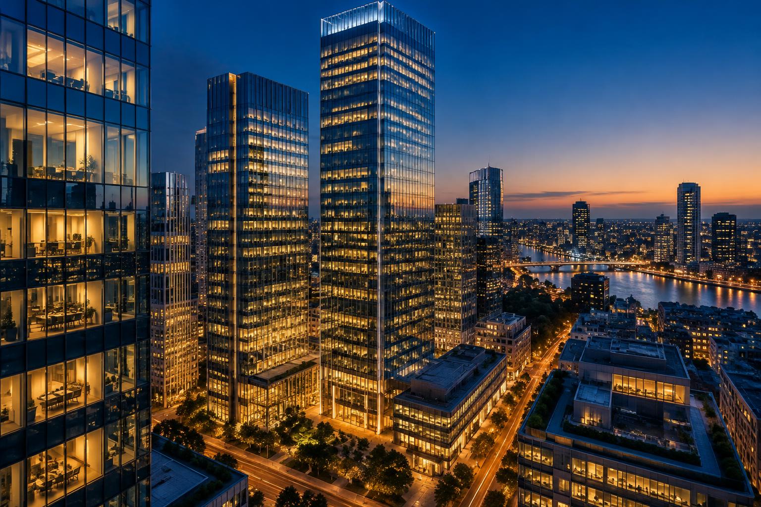 Modern glass office towers lit at dusk in a city business district