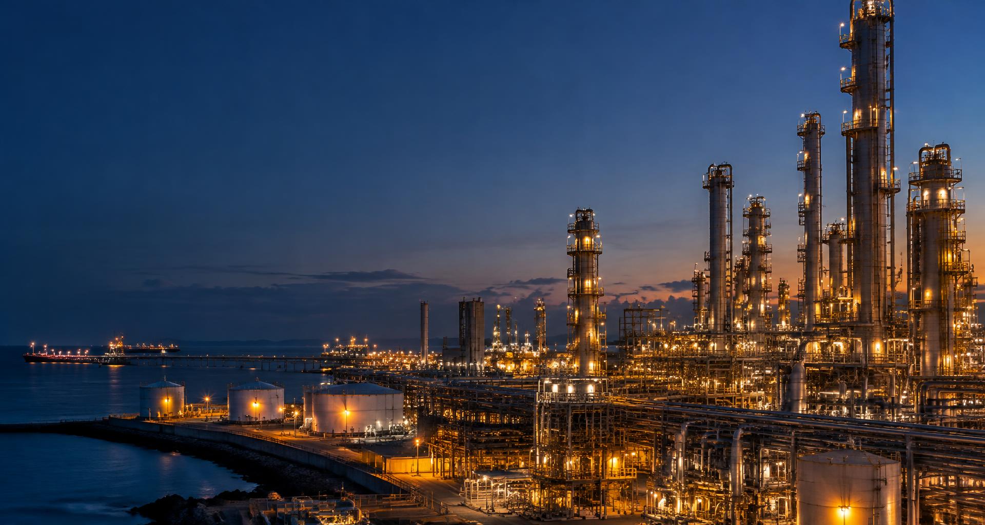 Coastal petroleum refinery illuminated at dusk