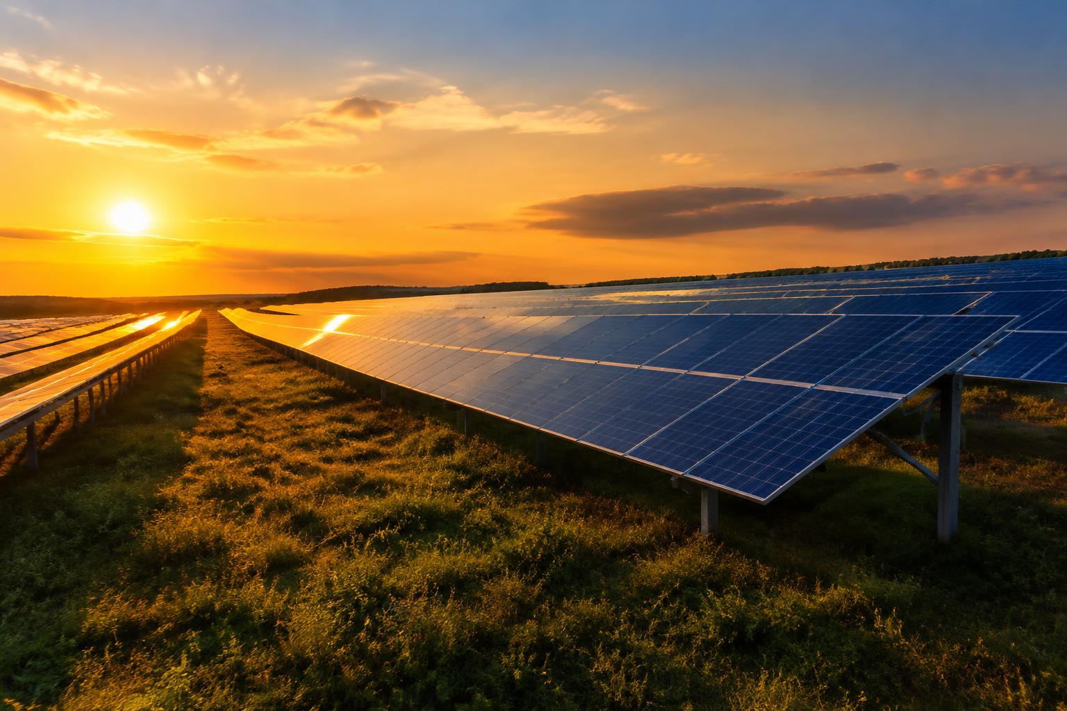 Rows of solar panels in a solar farm at golden hour