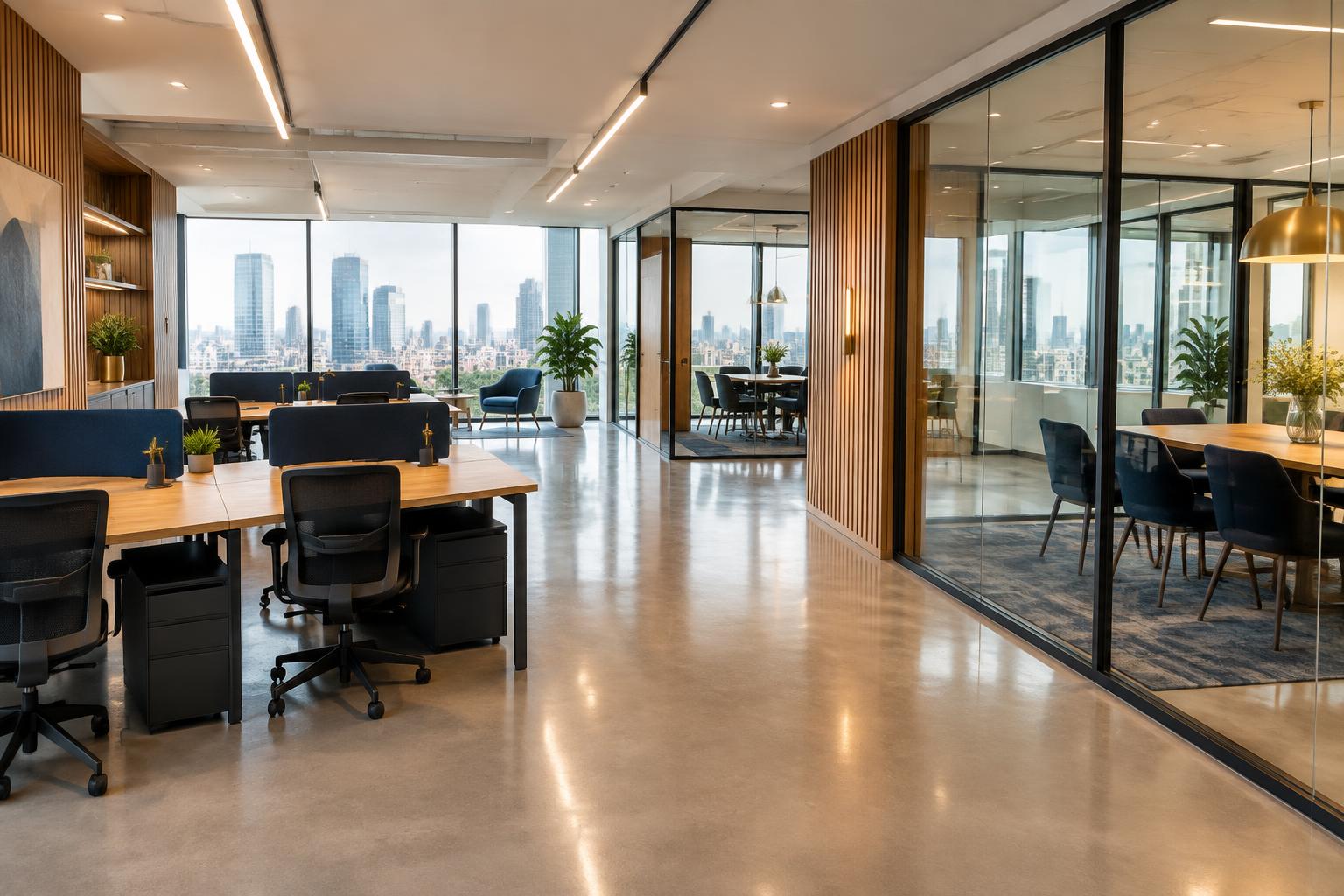 Bright modern serviced office suite with glass meeting rooms and city views